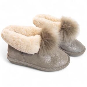 Bearpaw Women’s Size 8 Glitter Suede Boots with Fur Trim & Pom Poms